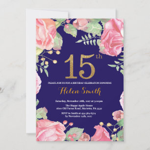Floral 15th Birthday Gold Glitter Navy Blue Kaart