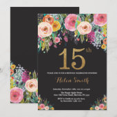 Floral 15th Birthday Invitation Gold Glitter Kaart (Voorkant / Achterkant)