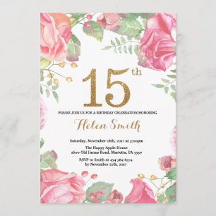 Floral 15th Birthday Invitation Gold Glitter Kaart