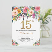 Floral 15th Birthday Invitation Gold Glitter Kaart (Staand voorkant)