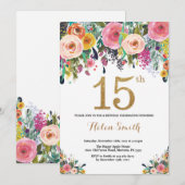 Floral 15th Birthday Invitation Gold Glitter Kaart (Voorkant / Achterkant)