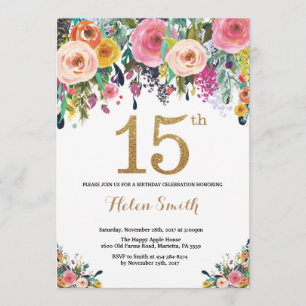 Floral 15th Birthday Invitation Gold Glitter Kaart