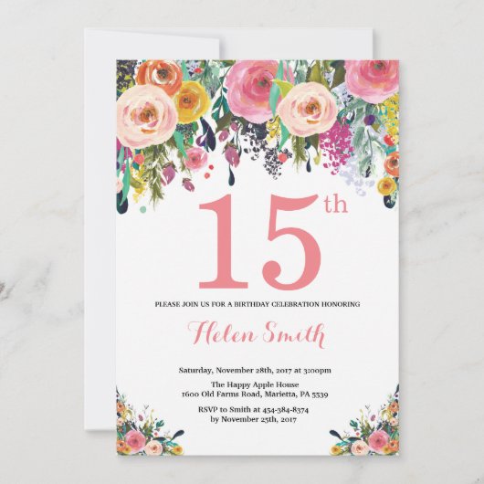 Floral 15th Birthday Invitation Pink Kaart (Voorkant)