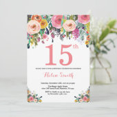 Floral 15th Birthday Invitation Pink Kaart (Staand voorkant)