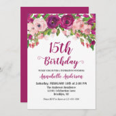 Floral 15th Birthday Paars Pink Chic Waterverf Kaart (Voorkant / Achterkant)