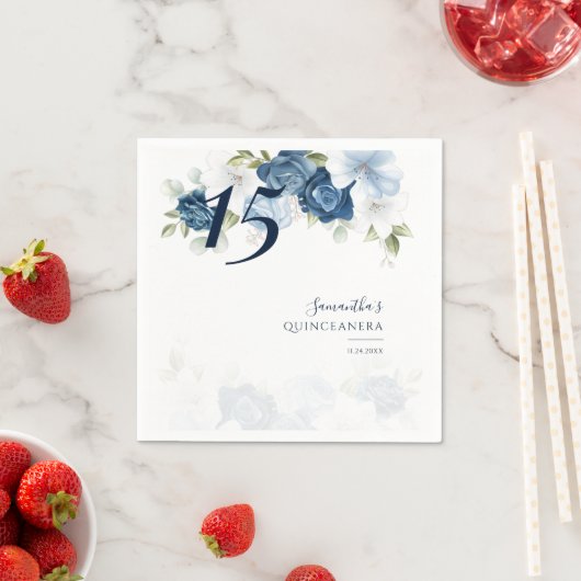Floral 15th Birthday Quinceanera Dusty Blue Paper Servet (Insitu)