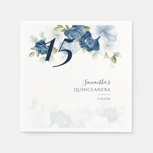 Floral 15th Birthday Quinceanera Dusty Blue Paper Servet (Voorkant)