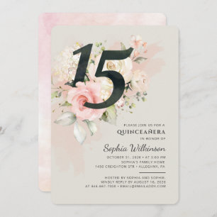Floral 15th Birthday Quinceanera Script Waterverf Kaart