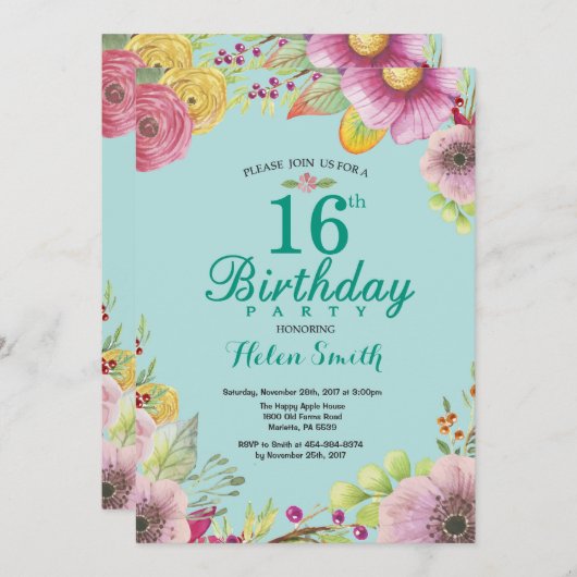 Floral 16e verjaardag Blauwgroen uitnodiging voor  (Voorkant / Achterkant)