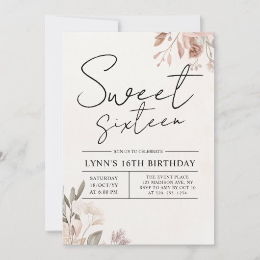 Floral 16e Verjaardagsfeest Kaart (Voorkant)
