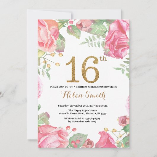 Floral 16th Birthday Invitation Gold Glitter Kaart (Voorkant)