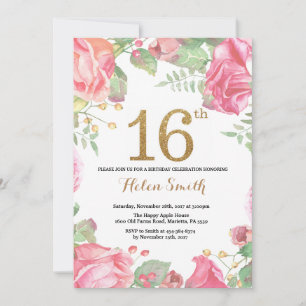 Floral 16th Birthday Invitation Gold Glitter Kaart