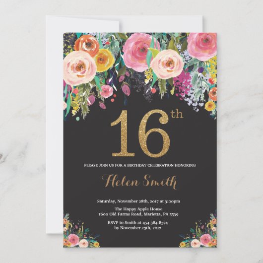 Floral 16th Birthday Invitation Gold Glitter Kaart (Voorkant)