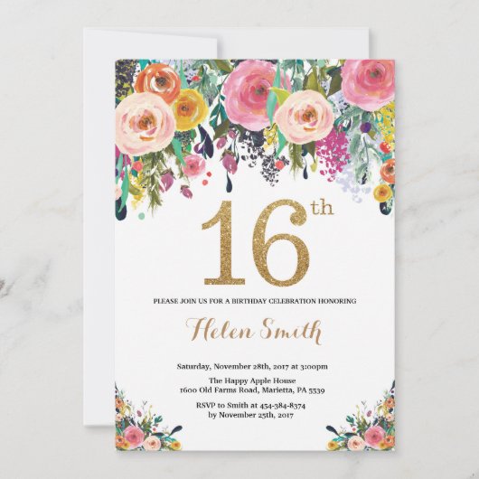 Floral 16th Birthday Invitation Gold Glitter Kaart (Voorkant)