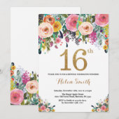 Floral 16th Birthday Invitation Gold Glitter Kaart (Voorkant / Achterkant)