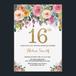 Floral 16th Birthday Invitation Gold Glitter Kaart<br><div class="desc">Floral 16e verjaardag uitnodiging voor vrouwen. Waterverf Floral Flower. Gold Glitter. Roze,  geel,  Oranje,  Paars ventilator. Kinderen van afgelopen dag. Girl Lady Teen Teenage Bday. Voor verdere aanpassing,  te klikken gelieve de knoop "van de Aanpassing het"en ons ontwerphulpmiddel te gebruiken om deze sjabloon te wijzigen.</div>