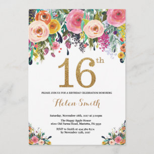 Floral 16th Birthday Invitation Gold Glitter Kaart
