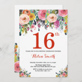 Floral 16th Birthday Invitation Red Kaart (Voorkant / Achterkant)