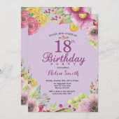 Floral 18e verjaardag Paarse uitnodiging voor vrou (Voorkant / Achterkant)