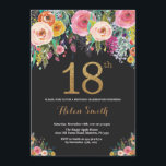 Floral 18e verjaardag uitnodiging Gold Glitter<br><div class="desc">Floral 18e verjaardag uitnodiging voor vrouwen. Waterverf bloemen. Zwart en goud glitter. Roze,  geel,  Oranje,  Paarse bloem. Verjaardag voor volwassenen. Voor verdere aanpassing klikt u op de knop "Aanpassen" en gebruikt u onze ontwerptool om deze sjabloon te wijzigen.</div>