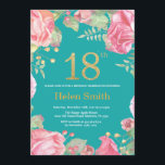Floral 18th Birthday Gold Glitter en Blauwgroen Kaart<br><div class="desc">Floral 18th Birthday Invitation for Women. Waterverf botanische bloem. Gold Glitter. Blauwgroen Aqua Turquoise Achtergrond. Roze pinda's Floral Flowers. Volwassen verjaardag. Voor verdere aanpassing,  te klikken gelieve de knoop "van de Aanpassing het"en ons ontwerphulpmiddel te gebruiken om deze sjabloon te wijzigen.</div>