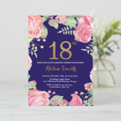 Floral 18th Birthday Gold Glitter Navy Blue Kaart (Staand voorkant)