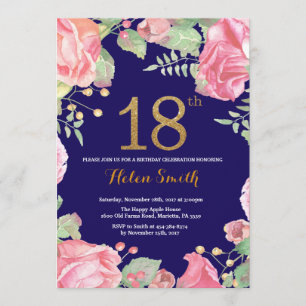 Floral 18th Birthday Gold Glitter Navy Blue Kaart