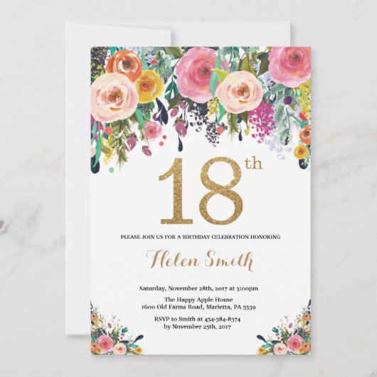 Floral 18th Birthday Invitation Gold Glitter Kaart (Voorkant)
