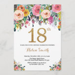 Floral 18th Birthday Invitation Gold Glitter Kaart<br><div class="desc">Floral 18th Birthday Invitation for Women. Waterverf Floral Flower. Gold Glitter. Roze,  geel,  Oranje,  Paars ventilator. Volwassen verjaardag. Voor verdere aanpassing,  te klikken gelieve de knoop "van de Aanpassing het"en ons ontwerphulpmiddel te gebruiken om deze sjabloon te wijzigen.</div>