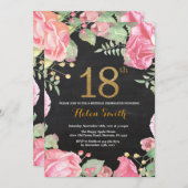 Floral 18th Birthday Invitation Gold Glitter Kaart (Voorkant / Achterkant)