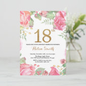 Floral 18th Birthday Invitation Gold Glitter Kaart (Staand voorkant)