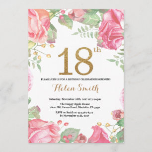 Floral 18th Birthday Invitation Gold Glitter Kaart