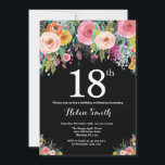 Floral 18th Birthday Invitation Kaart<br><div class="desc">Floral 18th Birthday Invitation for Women. Waterverf Floral Flower. Achtergrond zwart karton. Roze,  geel,  Oranje,  Paars ventilator. Volwassen verjaardag. Voor verdere aanpassing,  te klikken gelieve de knoop "van de Aanpassing het"en ons ontwerphulpmiddel te gebruiken om deze sjabloon te wijzigen.</div>