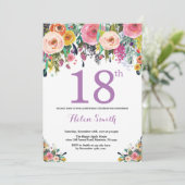 Floral 18th Birthday Invitation Paars Kaart (Staand voorkant)