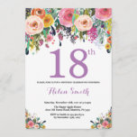 Floral 18th Birthday Invitation Paars Kaart<br><div class="desc">Floral 18th Birthday Invitation for Women. Waterverf bloem. Roze, geel, Oranje, Paars ventilator. Volwassen verjaardag. 30e 40e 50e 60e 70e 90e 100e 13e 15e 16e 18e 20e 21e elke leeftijd. Voor verdere aanpassing, te klikken gelieve de knoop "van de Aanpassing het"en ons ontwerphulpmiddel te gebruiken om deze sjabloon te wijzigen....</div>