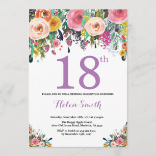 Floral 18th Birthday Invitation Paars Kaart