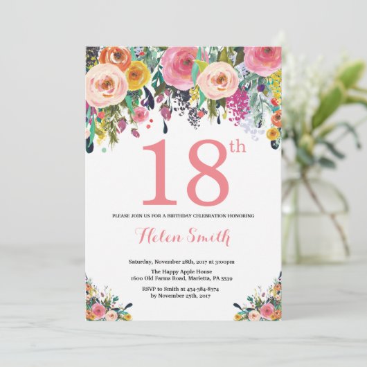Floral 18th Birthday Invitation Pink Kaart (Staand voorkant)