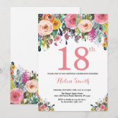 Floral 18th Birthday Invitation Pink Kaart (Voorkant / Achterkant)
