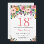 Floral 18th Birthday Invitation Pink Kaart<br><div class="desc">Floral 18th Birthday Invitation for Women. Waterverf bloem. Roze, geel, Oranje, Paars ventilator. Volwassen verjaardag. 30e 40e 50e 60e 70e 90e 100e 13e 15e 16e 18e 20e 21e elke leeftijd. Voor verdere aanpassing, te klikken gelieve de knoop "van de Aanpassing het"en ons ontwerphulpmiddel te gebruiken om deze sjabloon te wijzigen....</div>