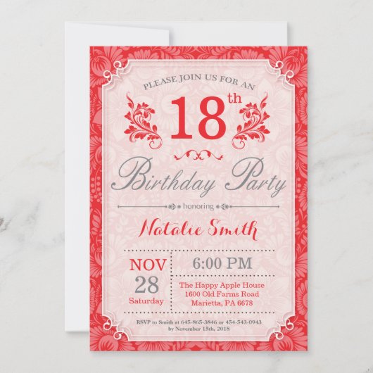 Floral 18th Birthday Invitation Red for Women Kaart (Voorkant)