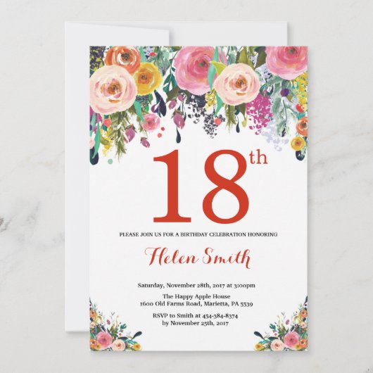 Floral 18th Birthday Invitation Red Kaart (Voorkant)