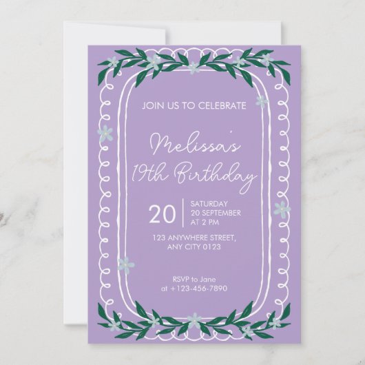 Floral 19th Birthday Invitation Lilac Coquette Kaart (Voorkant)
