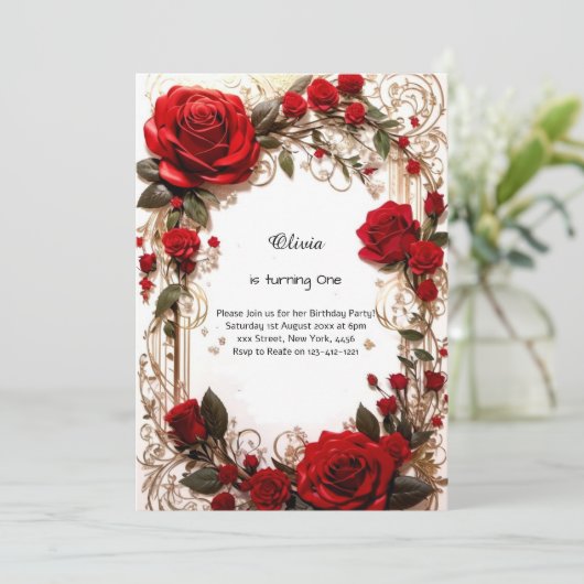 Floral 1e verjaardag Uitnodiging (Staand voorkant)