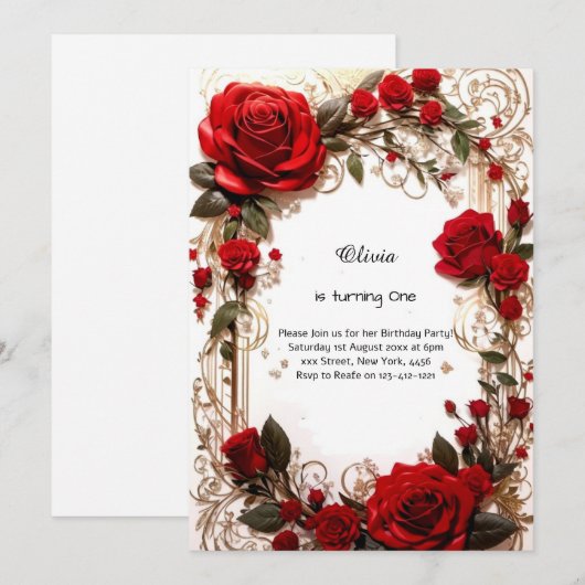 Floral 1e verjaardag Uitnodiging (Voorkant / Achterkant)