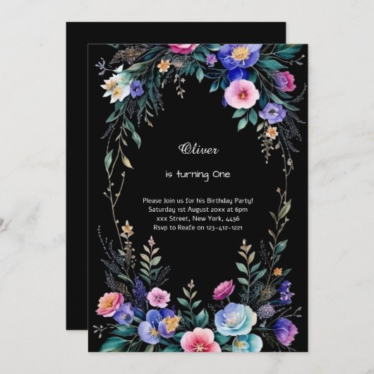 Floral 1e verjaardag Uitnodiging (Voorkant / Achterkant)