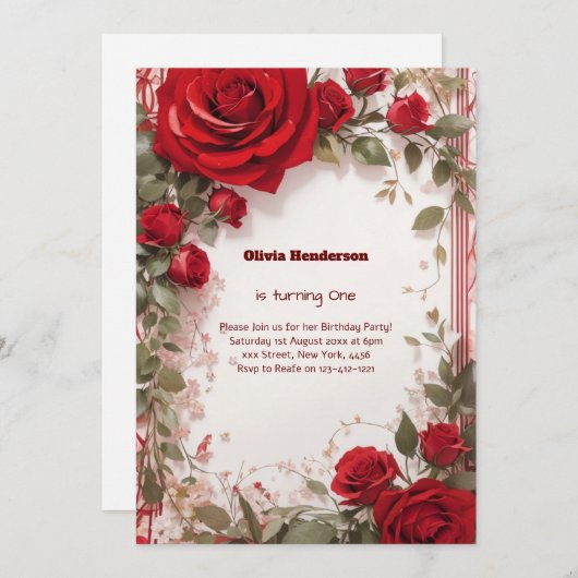 Floral 1e verjaardag Uitnodiging (Voorkant / Achterkant)