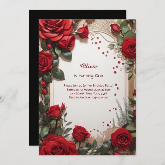 Floral 1e verjaardag Uitnodiging (Voorkant / Achterkant)