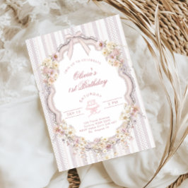 Floral 1st Birthday Bow Photo Invitation Kaart