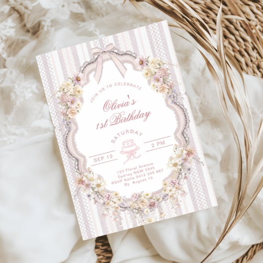 Floral 1st Birthday Bow Photo Invitation Kaart