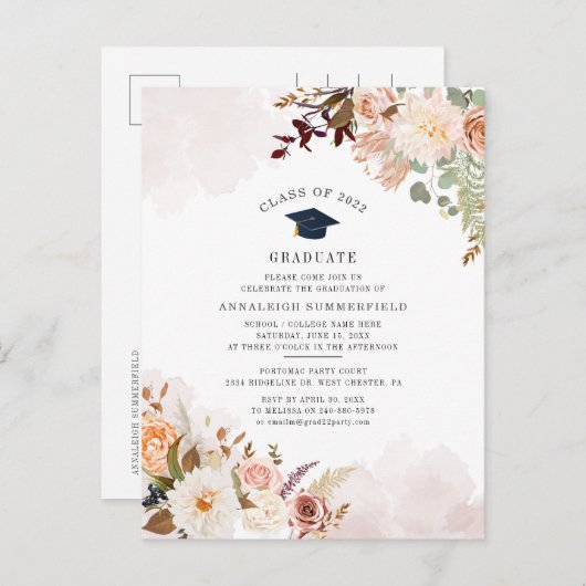 Floral 2025 Afstudeerfeest Afstudeerder Uitnodiging Briefkaart (Voorkant / Achterkant)